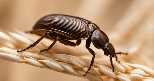 Nahaufnahme eines Kornkäfers (Sitophilus granarius) auf einer Getreideähre, der die typischen Merkmale wie den Rüssel und die braune Farbe zeigt, wichtig für die Schädlingsbekämpfung in Vorräten.