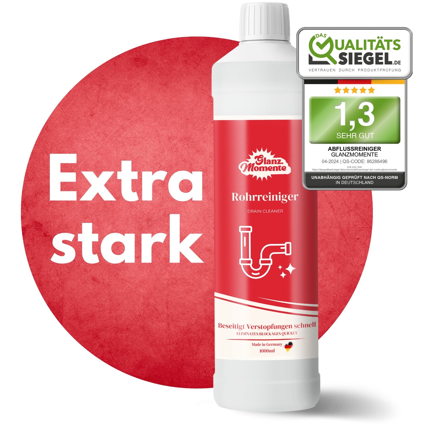 Rohrreiniger 1000ml – POWER FORMEL – Rohrfrei Extra Stark – Gegen Haare und Rohrschlamm