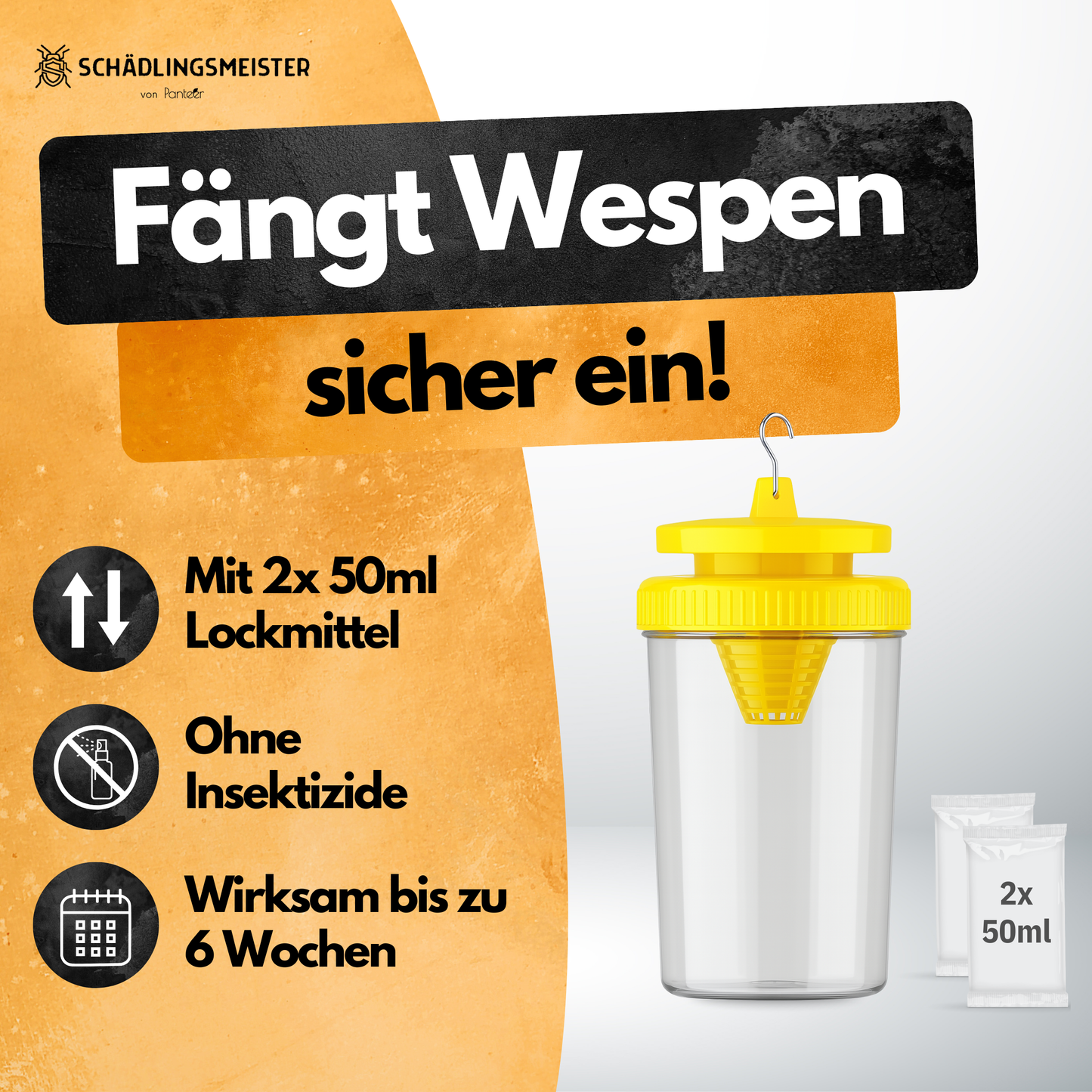 Wespenfalle mit 2x50ml Lockstoff – Ohne Insektizide – Made in EU