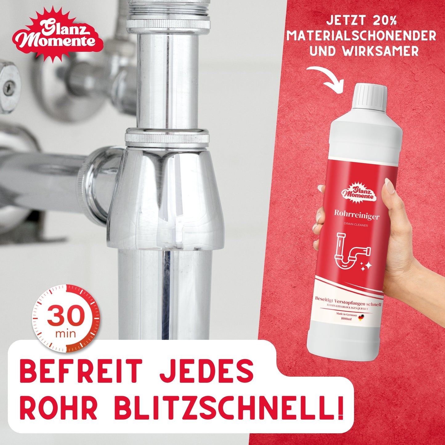 Rohrreiniger 1000ml – POWER FORMEL – Rohrfrei Extra Stark – Gegen Haare und Rohrschlamm