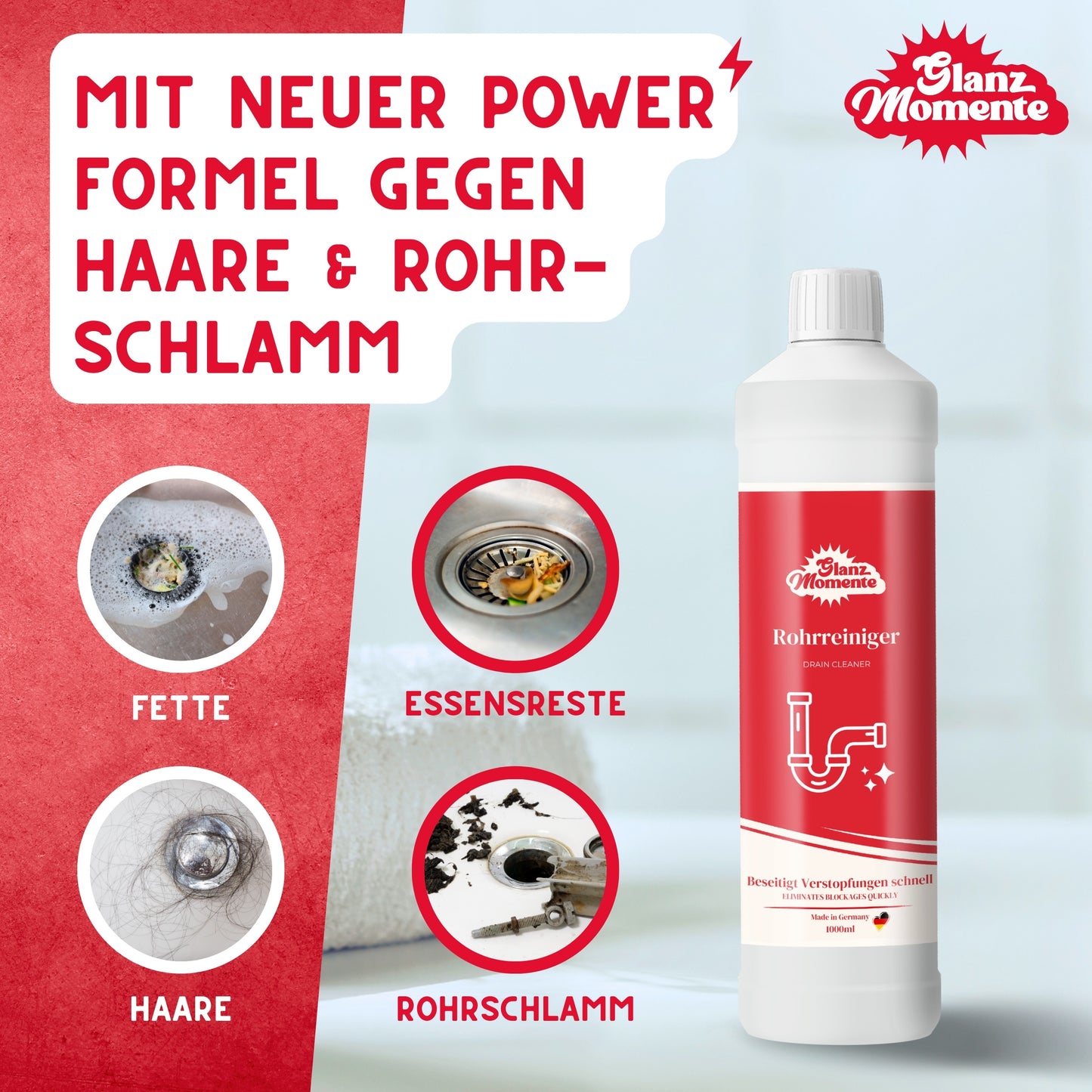 Rohrreiniger 1000ml – POWER FORMEL – Rohrfrei Extra Stark – Gegen Haare und Rohrschlamm