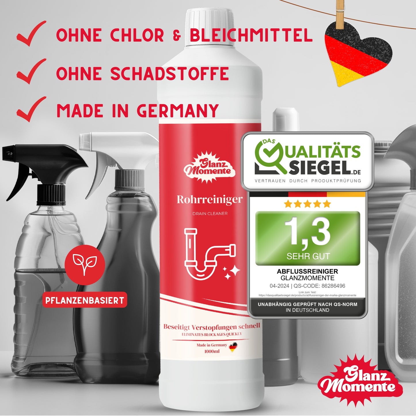 Rohrreiniger 1000ml – POWER FORMEL – Rohrfrei Extra Stark – Gegen Haare und Rohrschlamm