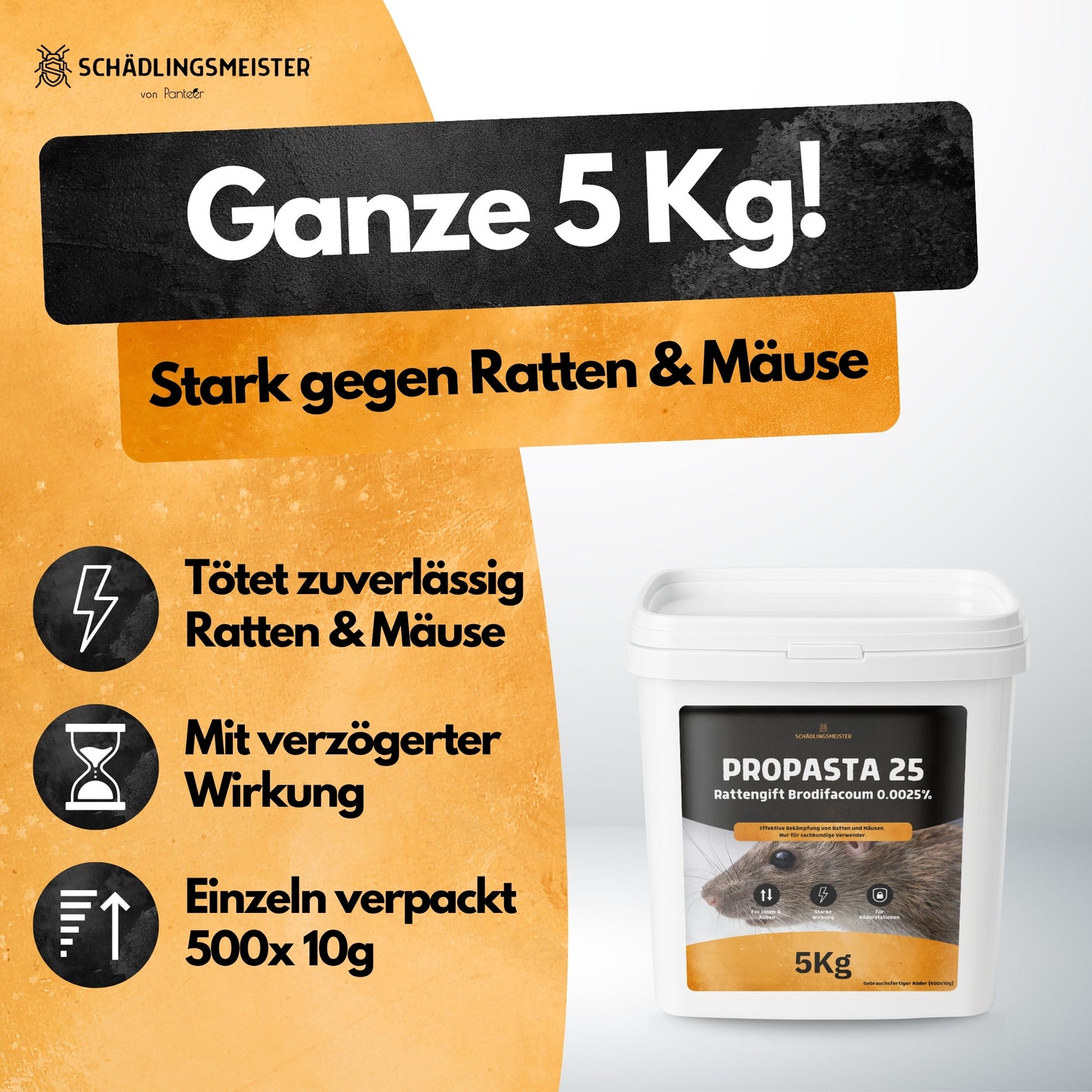 Propasta 25 – 5 Kg – Profi Rattengift mit Brodifacoum 0.0025 % – Köderpaste (500x10 g) – Nur für sachkundige Verwender