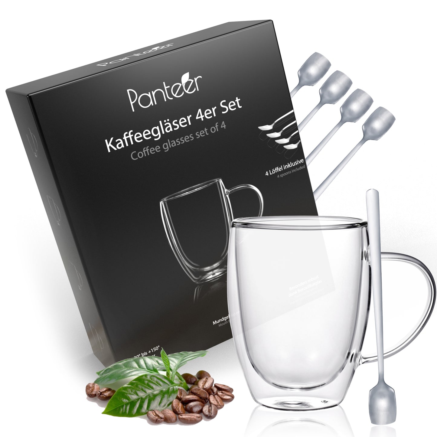 Kaffeegläser doppelwandig - 4x 350ml mit 4 langen Löffeln