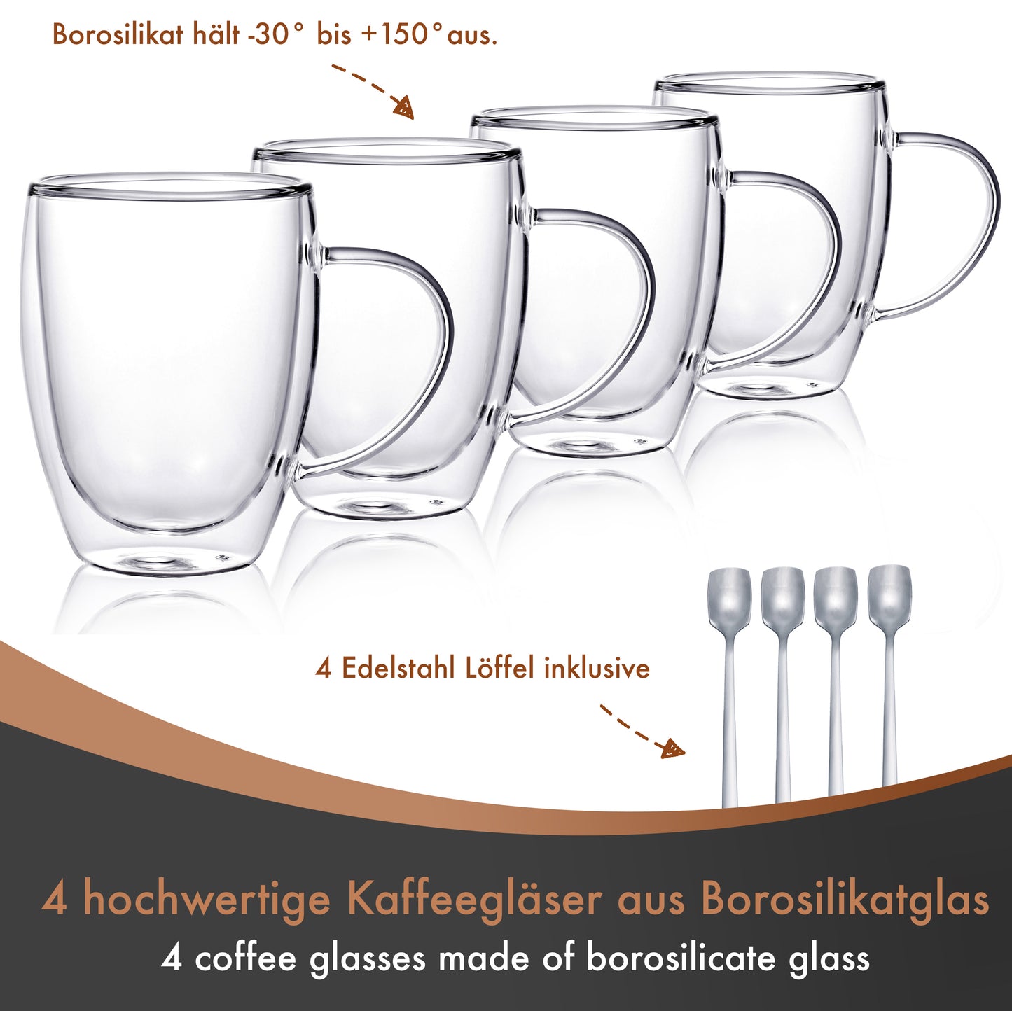 Kaffeegläser doppelwandig - 4x 350ml mit 4 langen Löffeln
