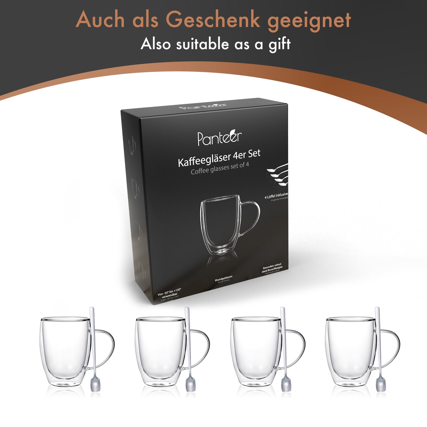 Kaffeegläser doppelwandig - 4x 350ml mit 4 langen Löffeln