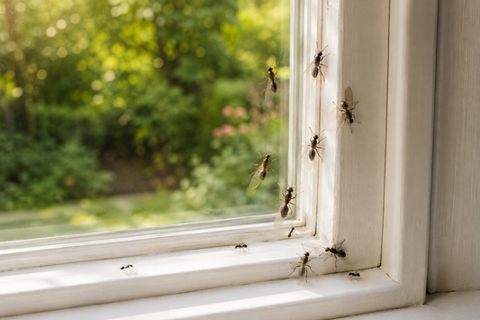 Geflügelte Ameisen sitzen während des Schwarmflugs an einem Fenster.