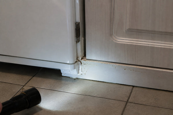 Dunkle Kotspuren markieren einen möglichen Schabenbefall am Küchensockel.
