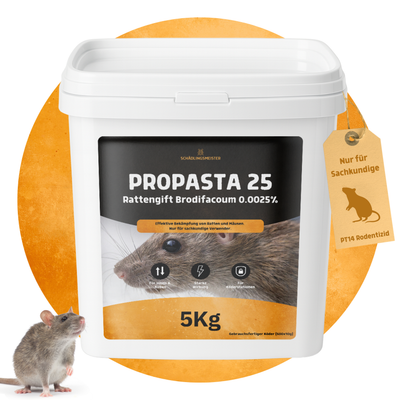 Propasta 25 – 5 Kg – Profi Rattengift mit Brodifacoum 0.0025 % – Köderpaste (500x10 g) – Nur für sachkundige Verwender