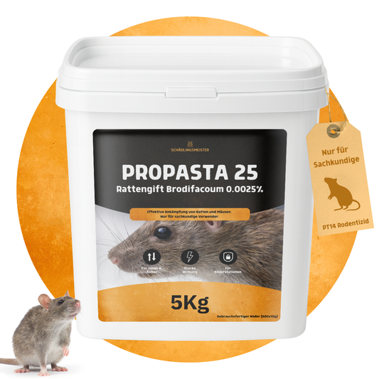 Propasta 25 – 5 Kg – Profi Rattengift mit Brodifacoum 0.0025 % – Köderpaste (500x10 g) – Nur für sachkundige Verwender