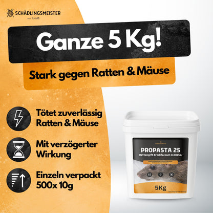 Propasta 25 – 5 Kg – Profi Rattengift mit Brodifacoum 0.0025 % – Köderpaste (500x10 g) – Nur für sachkundige Verwender