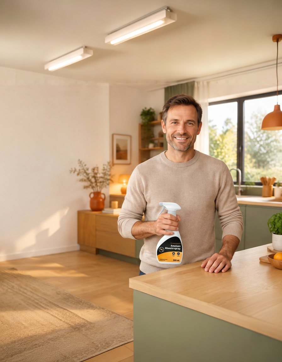 Mann hält Sprühflasche in heller Wohnung