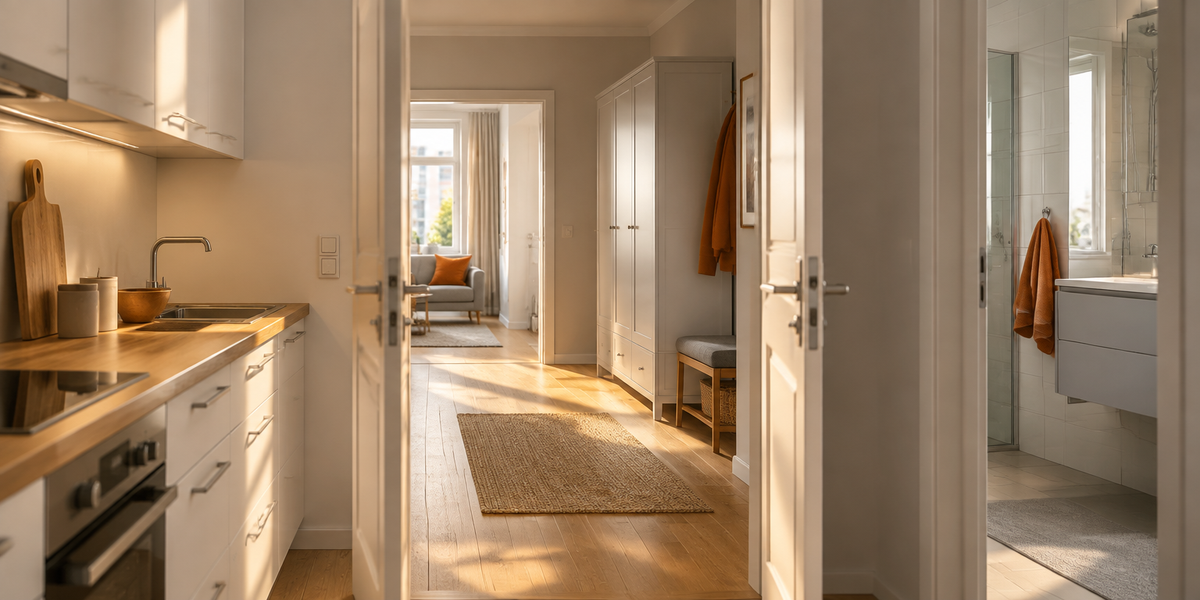 Helle Wohnung mit Küche, Flur mit Kleiderschrank und Bad