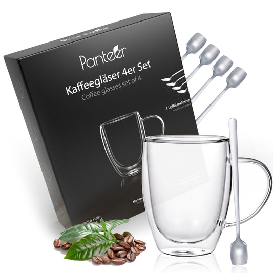 Kaffeegläser doppelwandig - 4x 350ml mit 4 langen Löffeln